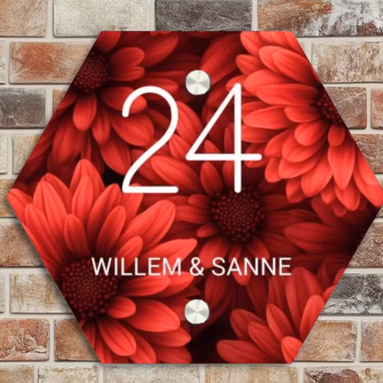 Naambordje voordeur - Hexagon - Rode bloemen - Klassiek — 4