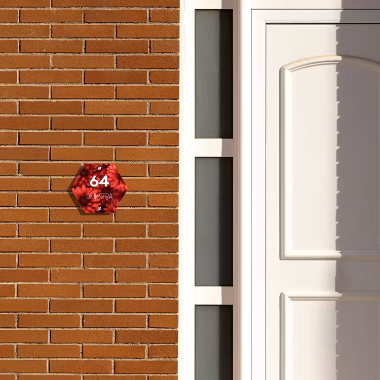 Naambordje voordeur - Hexagon - Rode bloemen - Modern — 2