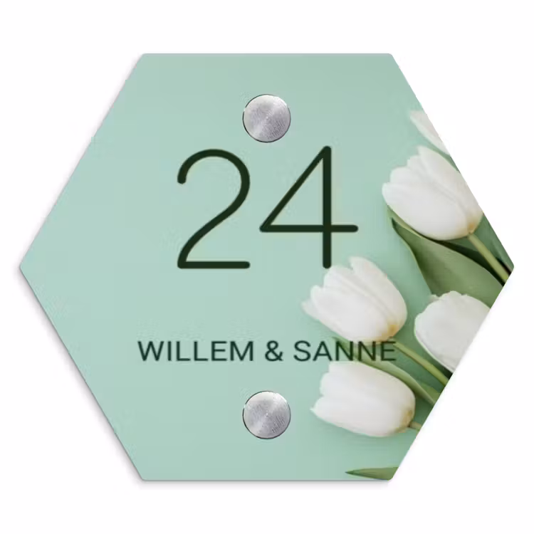 Naambordje voordeur - Hexagon - Witte tulpen - Klassiek — 1