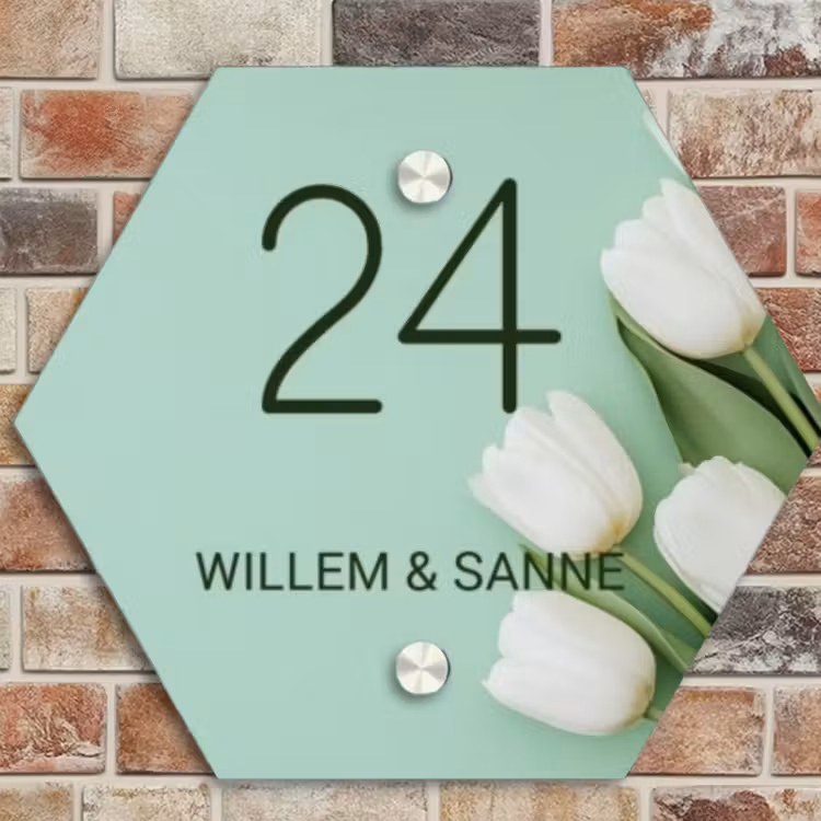 Naambordje voordeur - Hexagon - Witte tulpen - Klassiek — 4