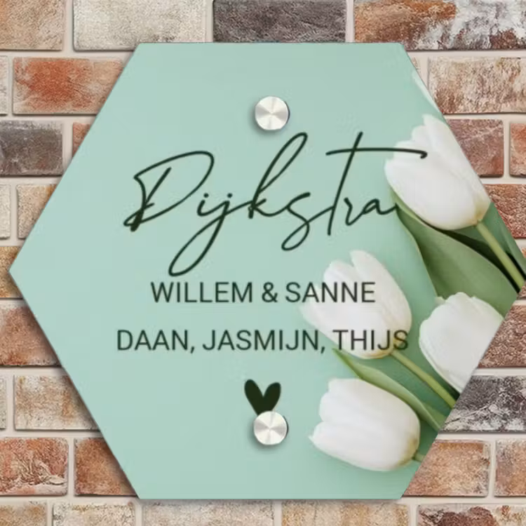 Naambordje voordeur - Hexagon - Witte tulpen - Sierlijk — 4