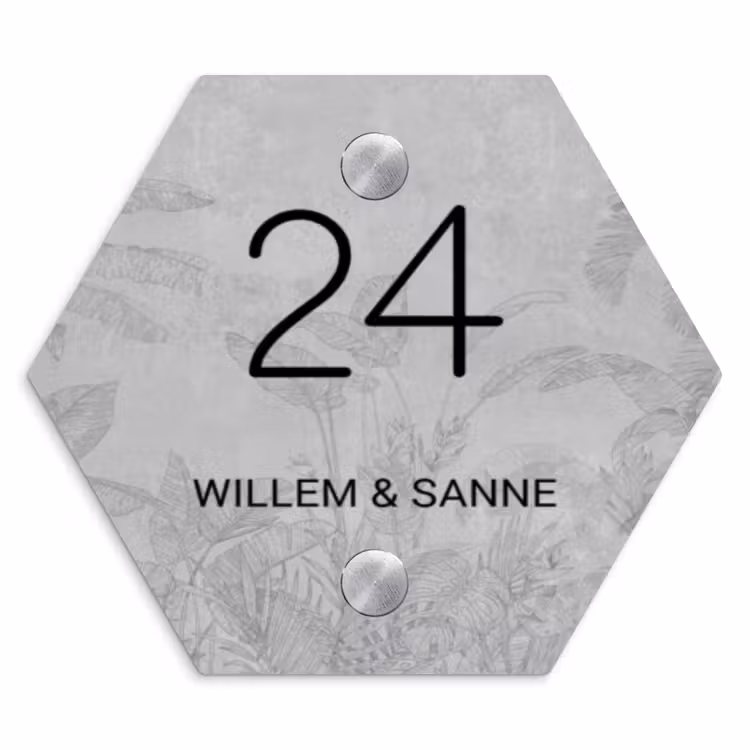 Naambordje voordeur - Hexagon - Grijs botanisch patroon - Klassiek — 1