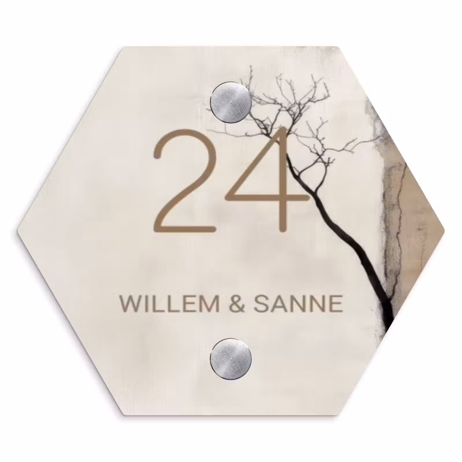 Naambordje voordeur - Hexagon - Boomsilhouet beige achtergrond - Klassiek — 1