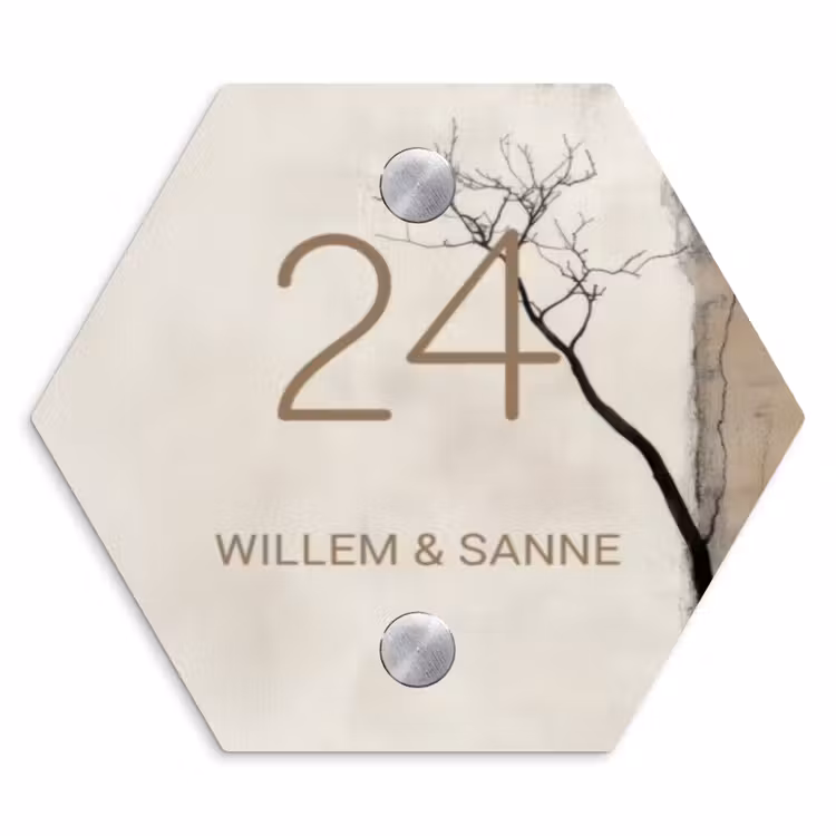 Naambordje voordeur - Hexagon - Boomsilhouet beige achtergrond - Klassiek — 1