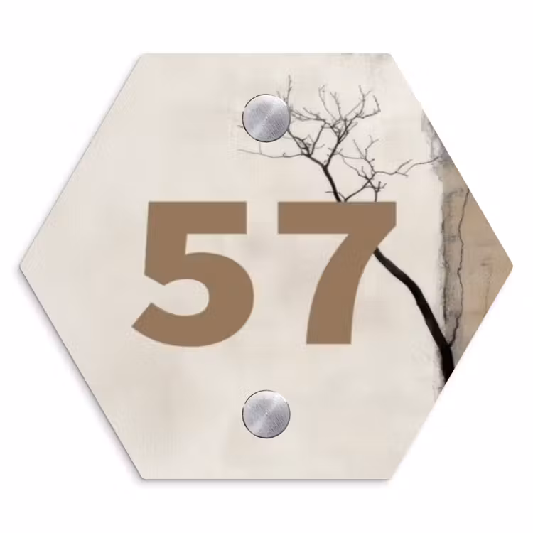 Naambordje voordeur - Hexagon - Boomsilhouet beige achtergrond - Traditioneel — 1
