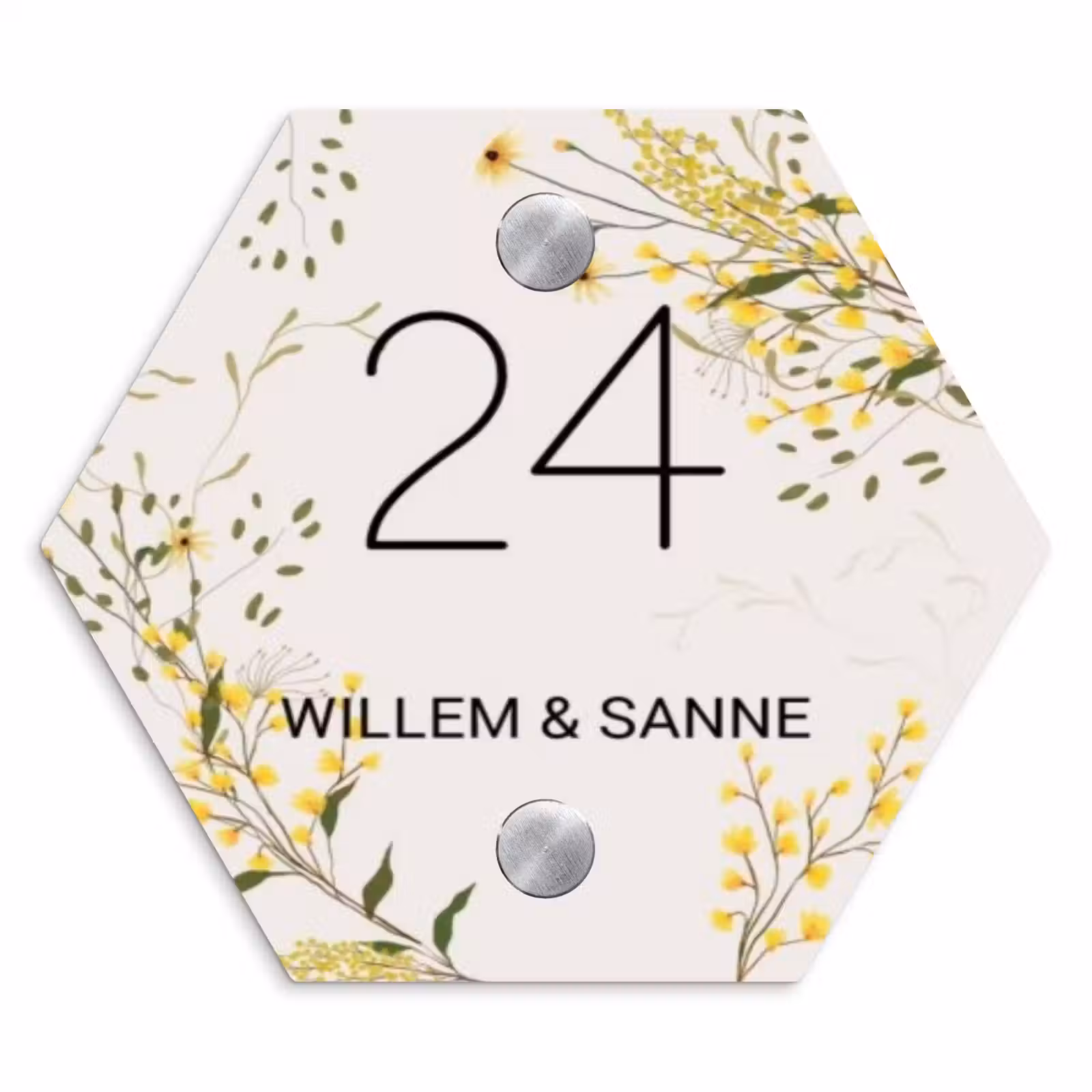 Naambordje voordeur - Hexagon - Gele bloemen - Klassiek — 1