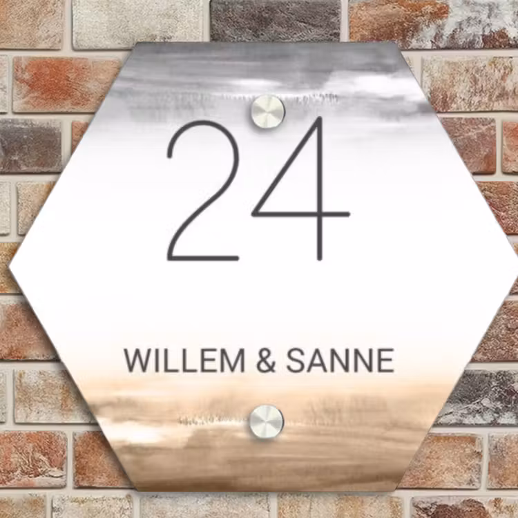 Naambordje voordeur - Hexagon - Aquarelachtergrond - Zwart beige - Klassiek — 4