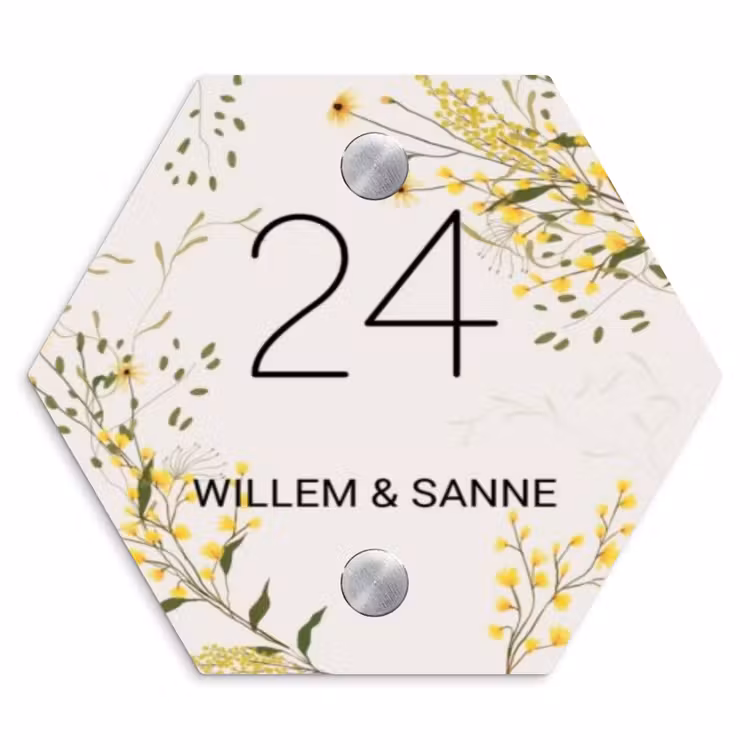 Naambordje voordeur - Hexagon - Gele bloemen - Klassiek — 1