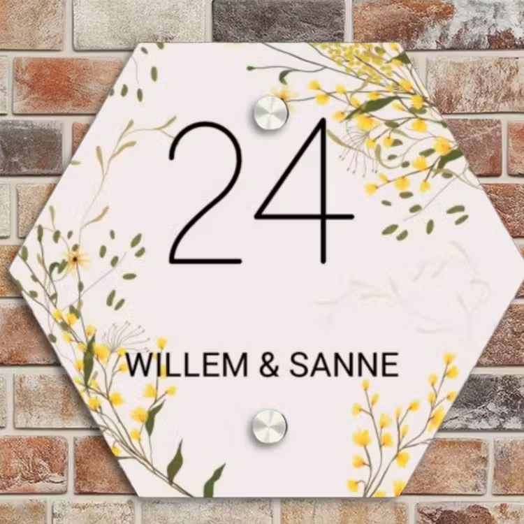 Naambordje voordeur - Hexagon - Gele bloemen - Klassiek — 4