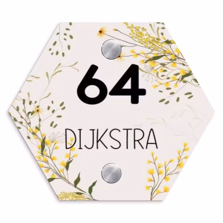 Naambordje voordeur - Hexagon - Gele bloemen - Modern — 1