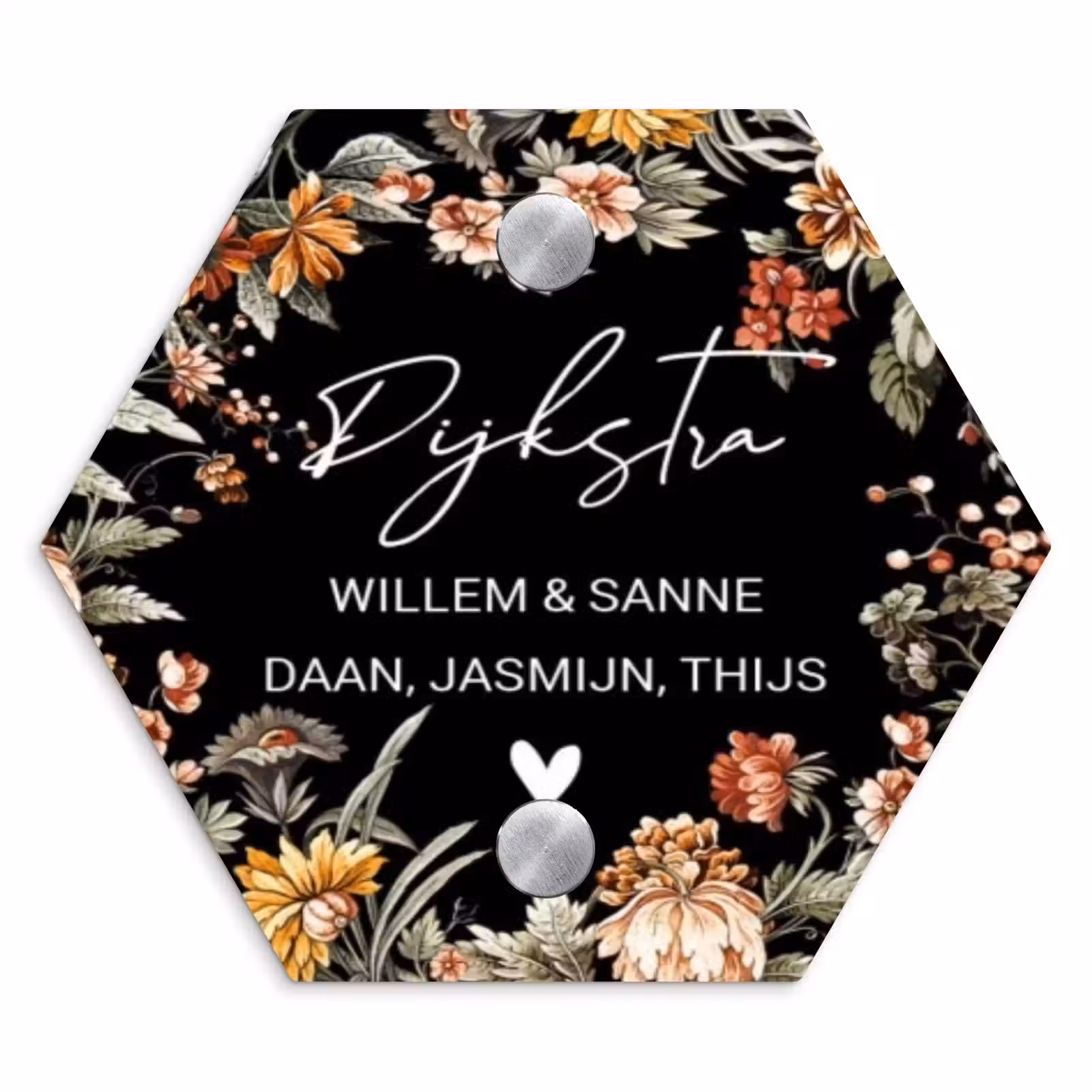 Naambordje voordeur - Hexagon - Bloemen - Zwart - Sierlijk — 1