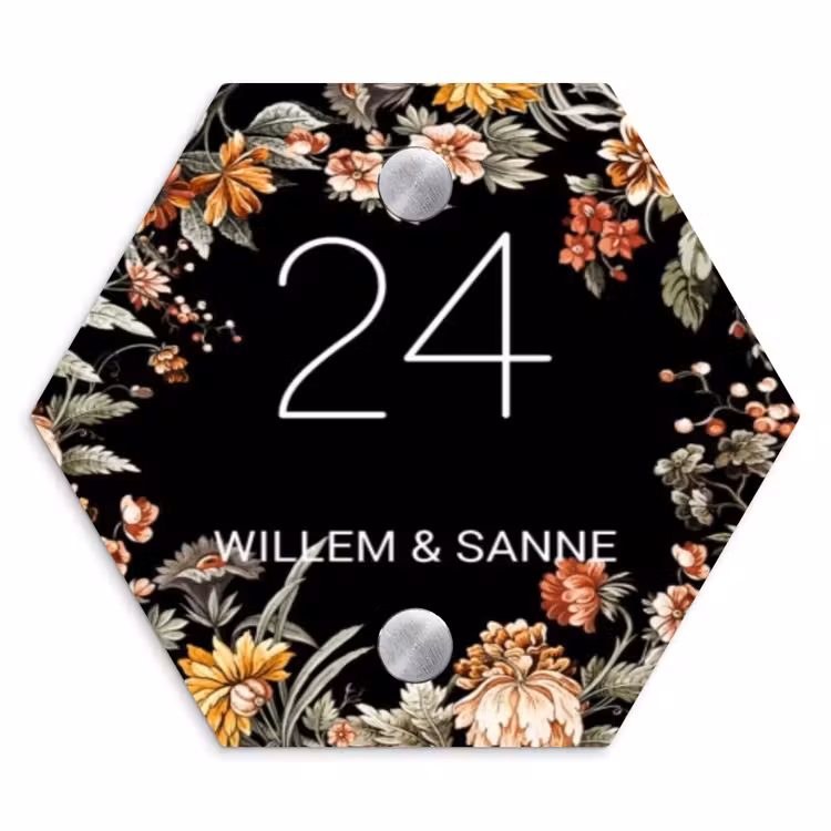 Naambordje voordeur - Hexagon - Bloemen - Zwart - Klassiek — 1