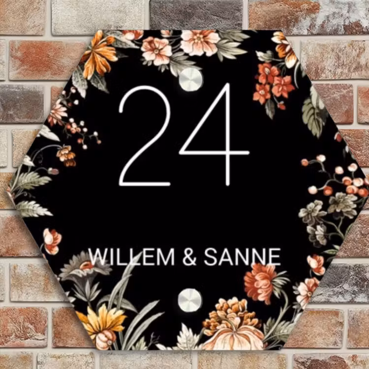 Naambordje voordeur - Hexagon - Bloemen - Zwart - Klassiek — 4