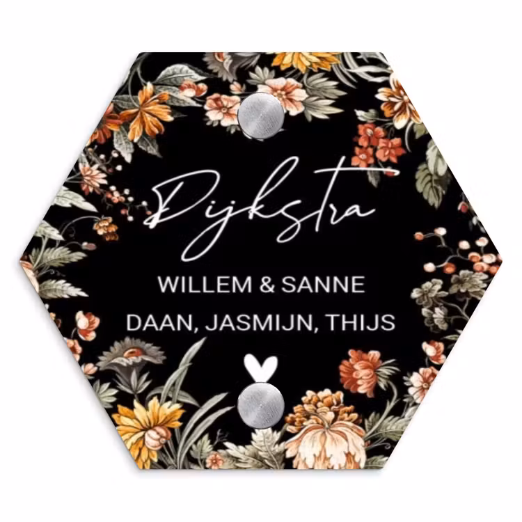 Naambordje voordeur - Hexagon - Bloemen - Zwart - Sierlijk — 1