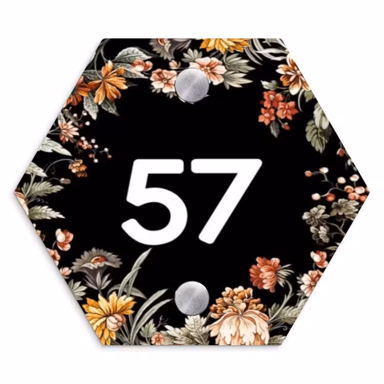 Naambordje voordeur - Hexagon - Bloemen - Zwart - Traditioneel — 1