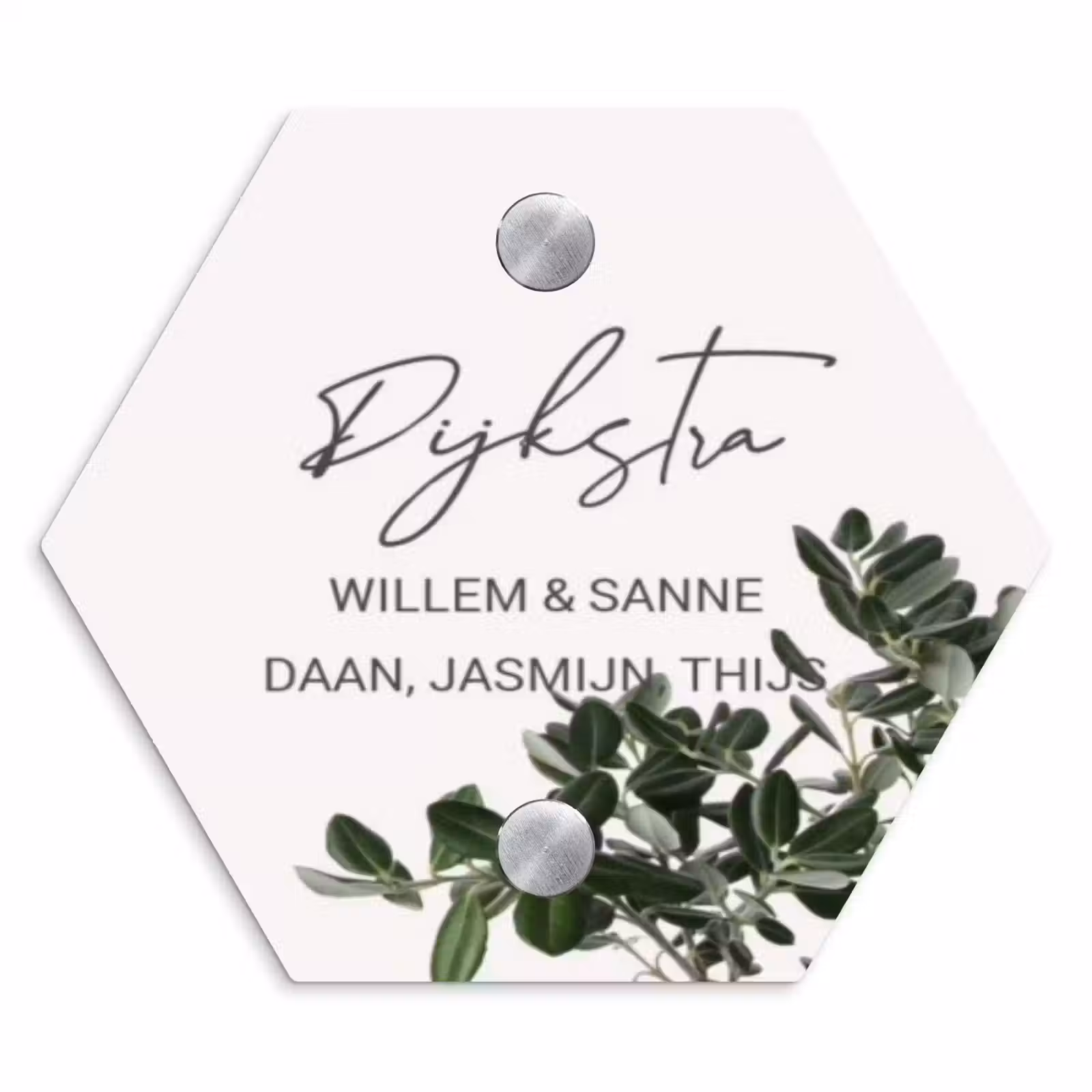 Naambordje voordeur - Hexagon - Wit met bladeren - Sierlijk — 1