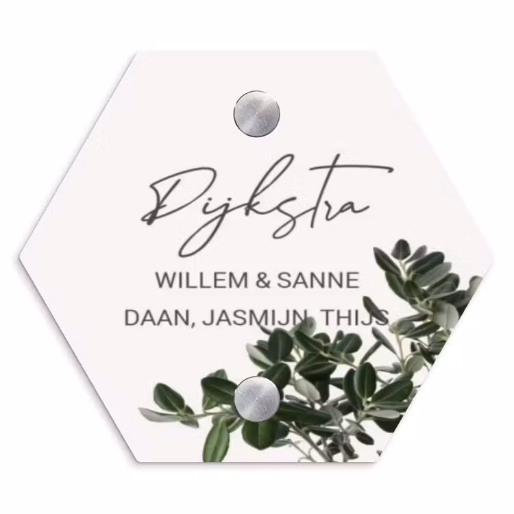 Naambordje voordeur - Hexagon - Wit met bladeren - Sierlijk — 1
