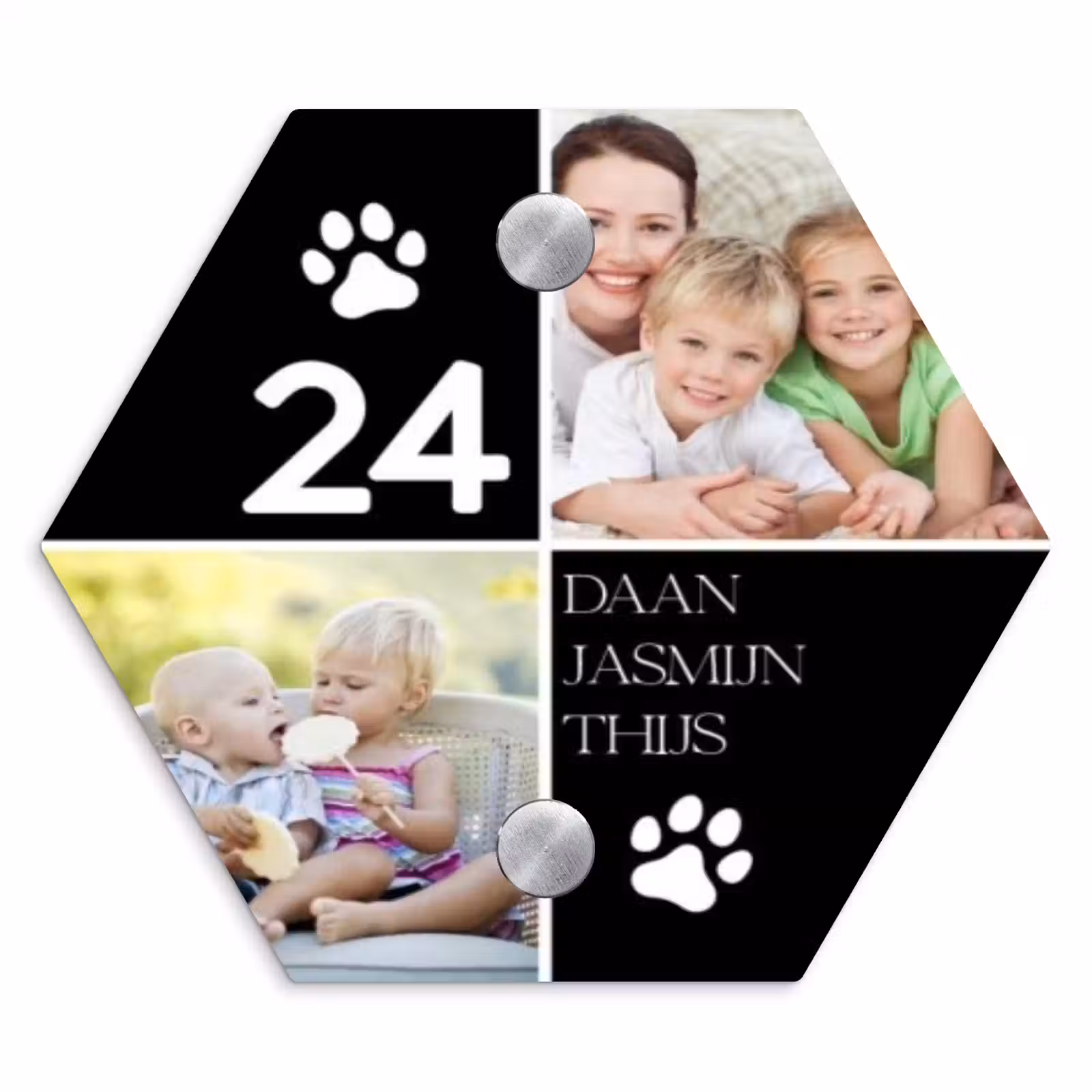 Naambordje voordeur - Hexagon - Familieportret met pootafdrukken zwart - Klassiek — 1
