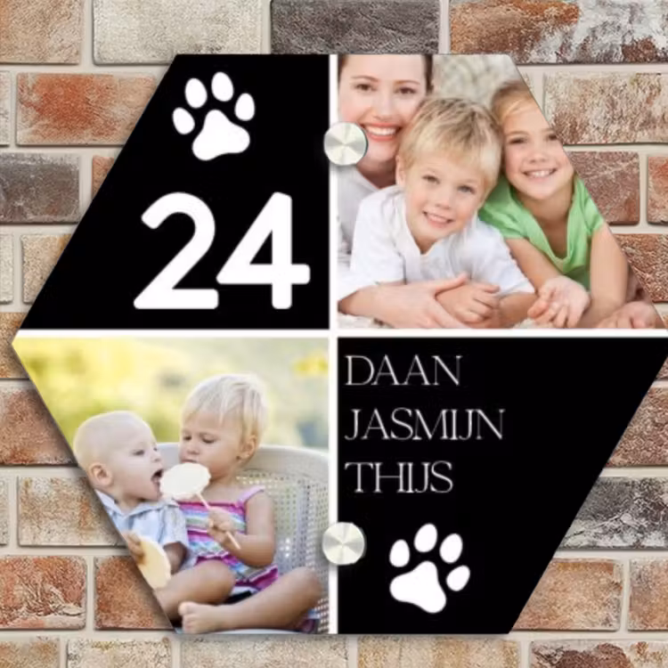 Naambordje voordeur - Hexagon - Familieportret met pootafdrukken zwart - Klassiek — 4