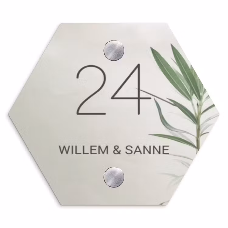 Naambordje voordeur - Hexagon - Lichtbeige met plant - Klassiek — 1