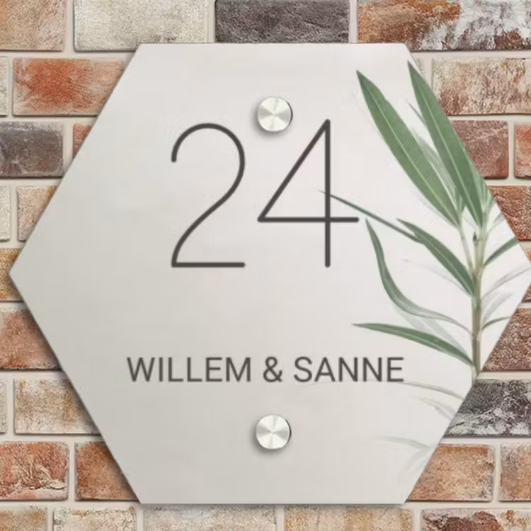 Naambordje voordeur - Hexagon - Lichtbeige met plant - Klassiek — 4