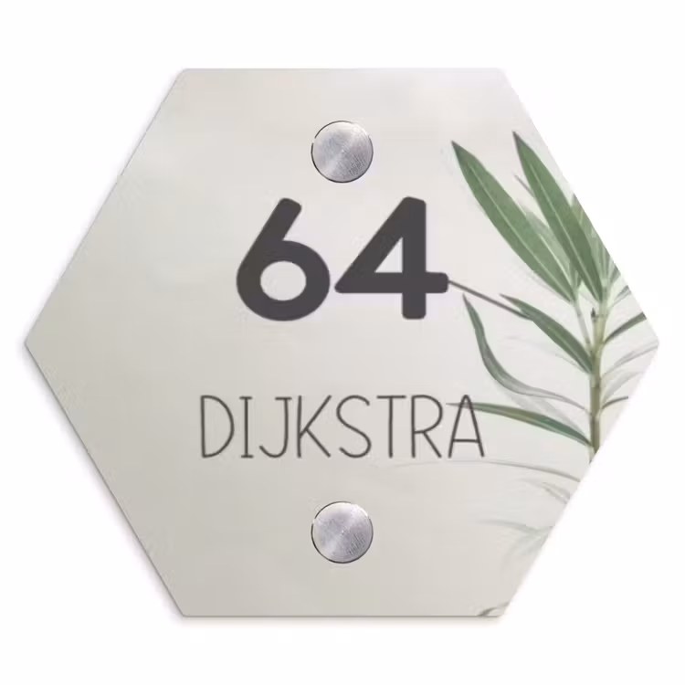 Naambordje voordeur - Hexagon - Lichtbeige met plant - Modern — 1