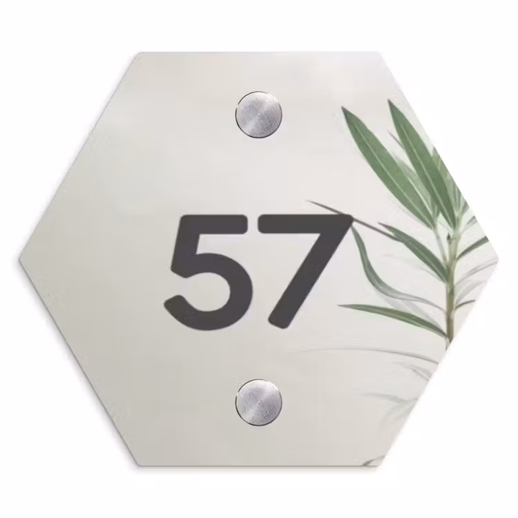 Naambordje voordeur - Hexagon - Lichtbeige met plant - Traditioneel — 1