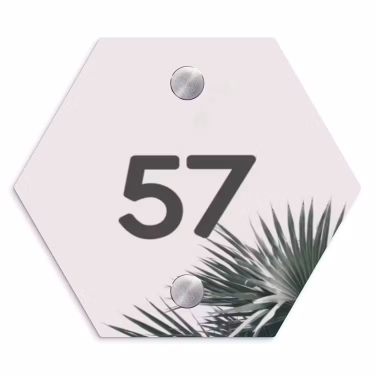Naambordje voordeur - Hexagon - Lichtroze met palmblad - Traditioneel — 1