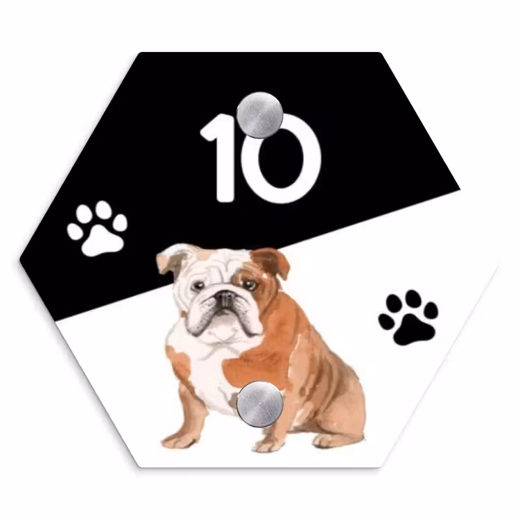 Naambordje voordeur - Hexagon - Zwart wit - Huisdier - Engelse bulldog — 1