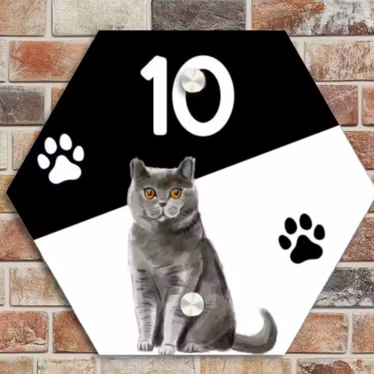 Naambordje voordeur - Hexagon - Zwart wit - Huisdier - Grijze kat — 4