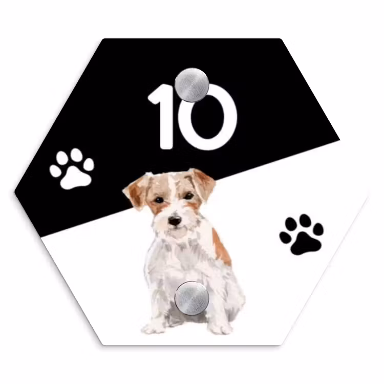 Naambordje voordeur - Hexagon - Zwart wit - Huisdier - Jack Russel — 1