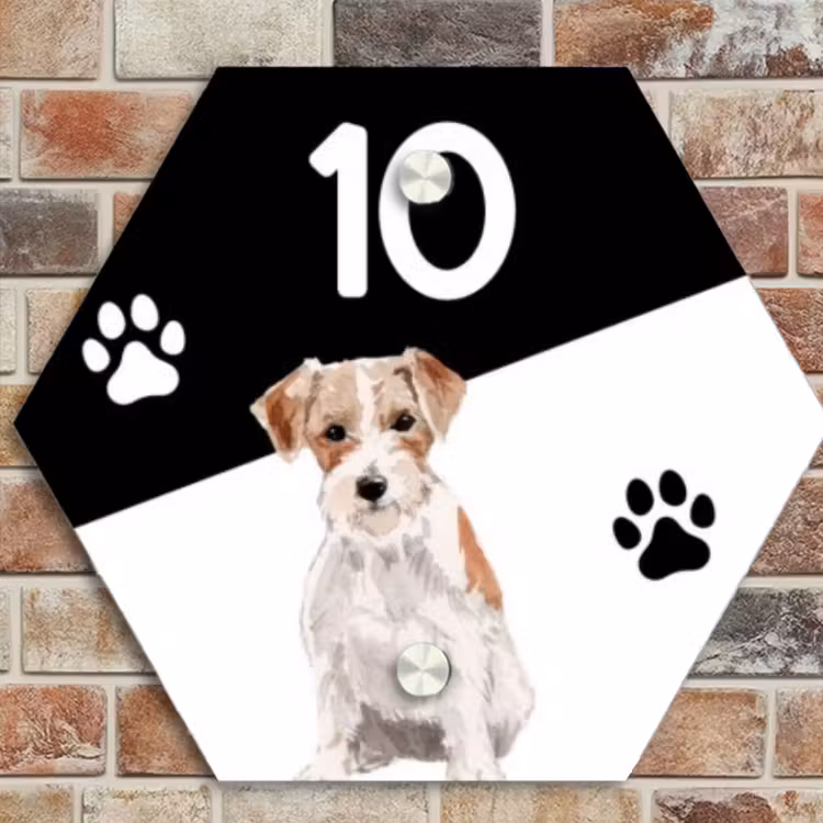 Naambordje voordeur - Hexagon - Zwart wit - Huisdier - Jack Russel — 4