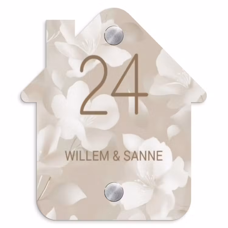 Naambordje voordeur - Huisjesvorm - Beige bloemen - Klassiek — 1