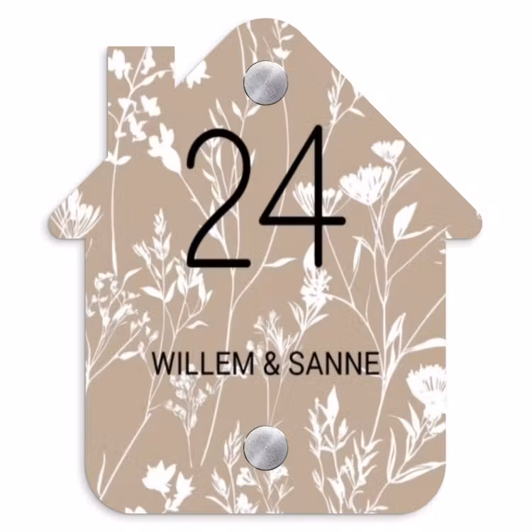 Naambordje voordeur - Huisjesvorm - Beige bloemmotief - Klassiek — 1
