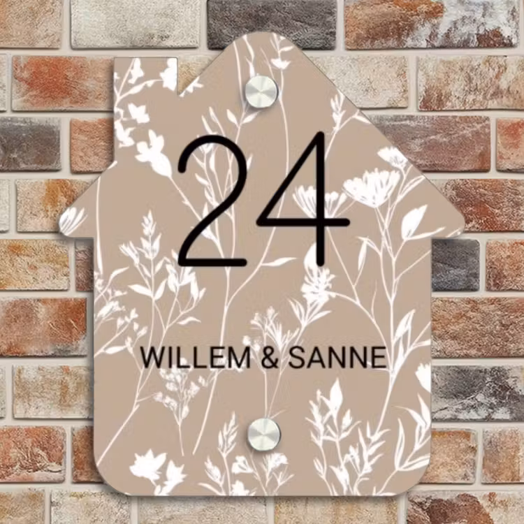 Naambordje voordeur - Huisjesvorm - Beige bloemmotief - Klassiek — 4