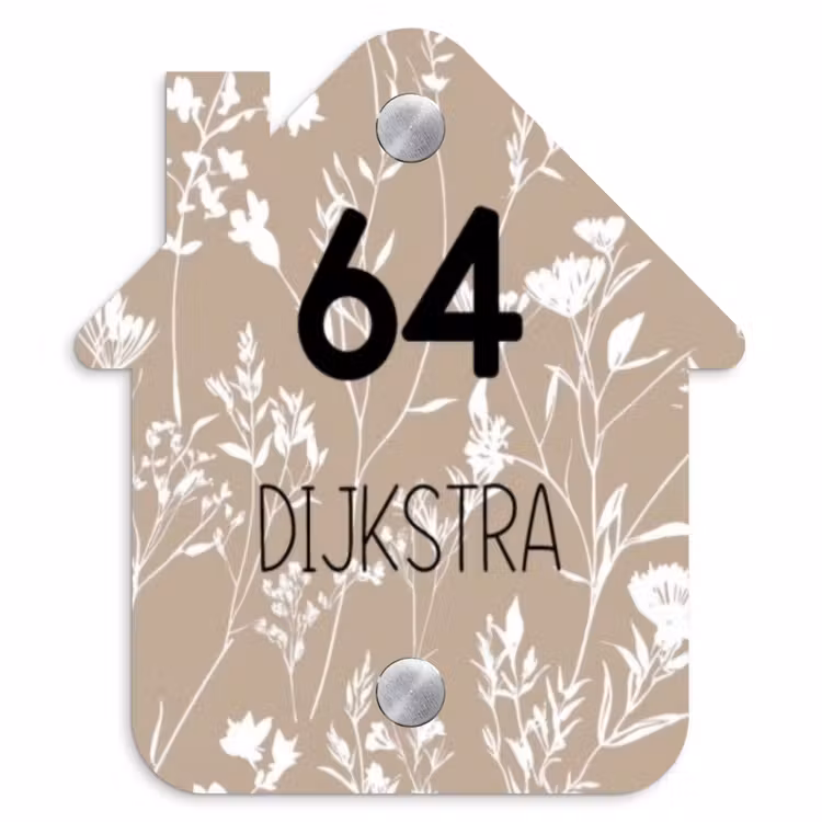 Naambordje voordeur - Huisjesvorm - Beige bloemmotief - Modern — 1