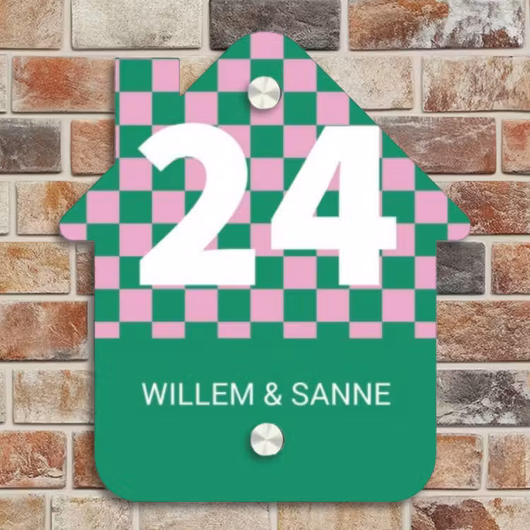 Naambordje voordeur - Huisjesvorm - Groen - Roze - Blokjes - Klassiek — 4