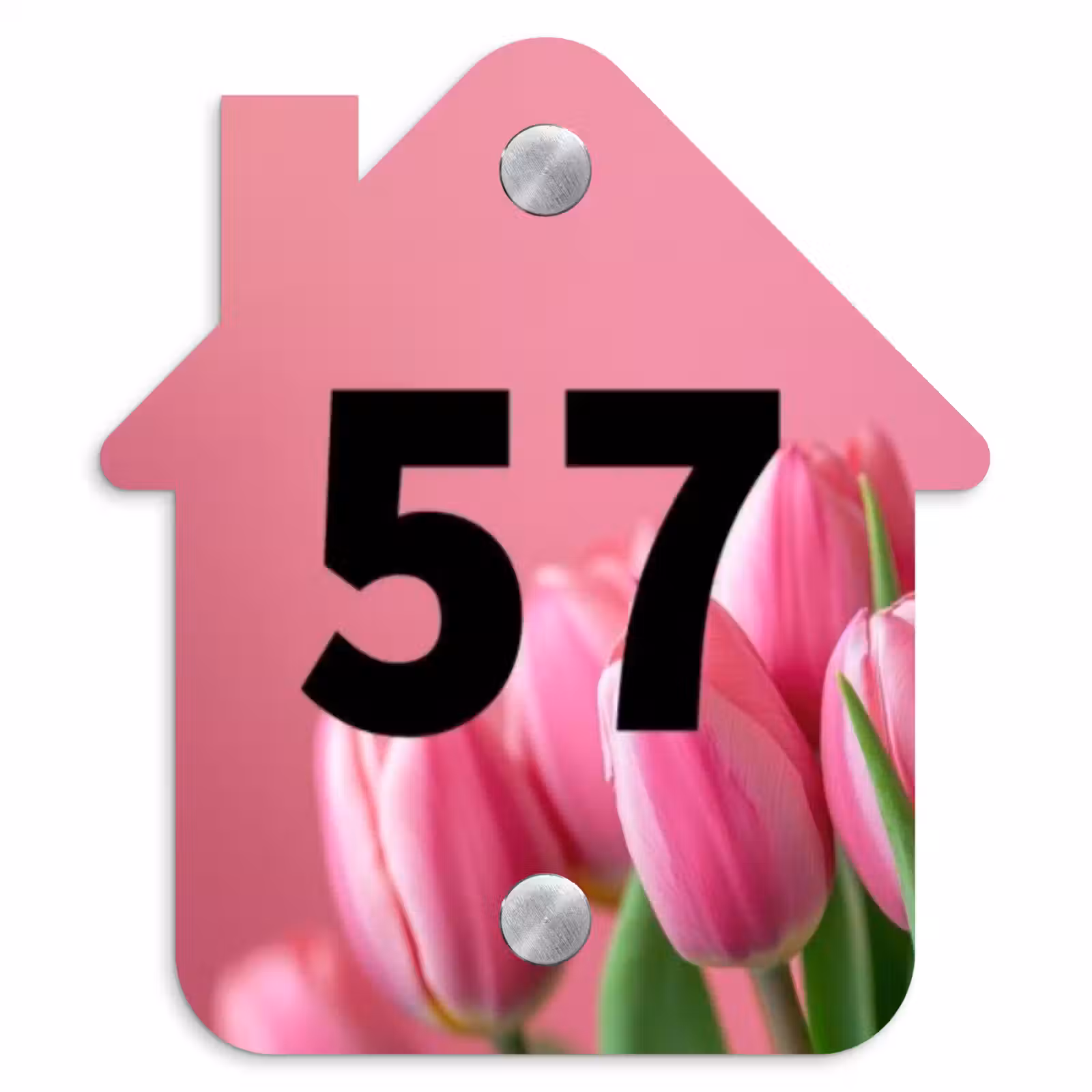 Naambordje voordeur - Huisjesvorm - Roze tulpen - Traditioneel — 1