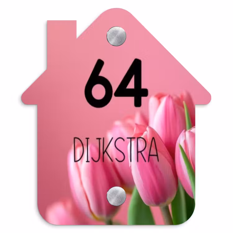 Naambordje voordeur - Huisjesvorm - Roze tulpen - Modern — 1