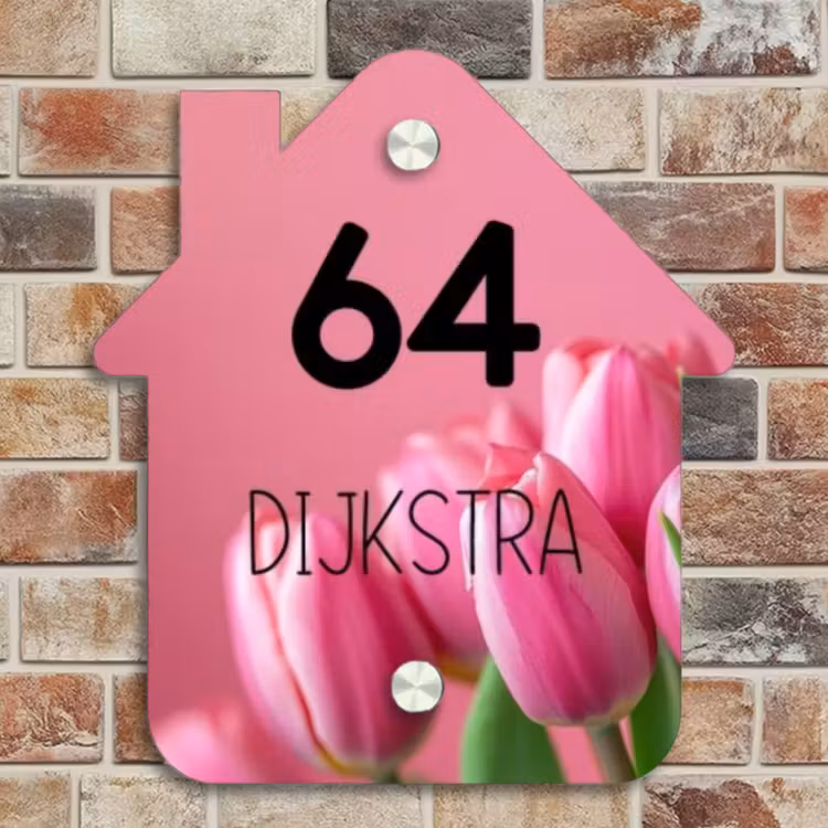 Naambordje voordeur - Huisjesvorm - Roze tulpen - Modern — 4