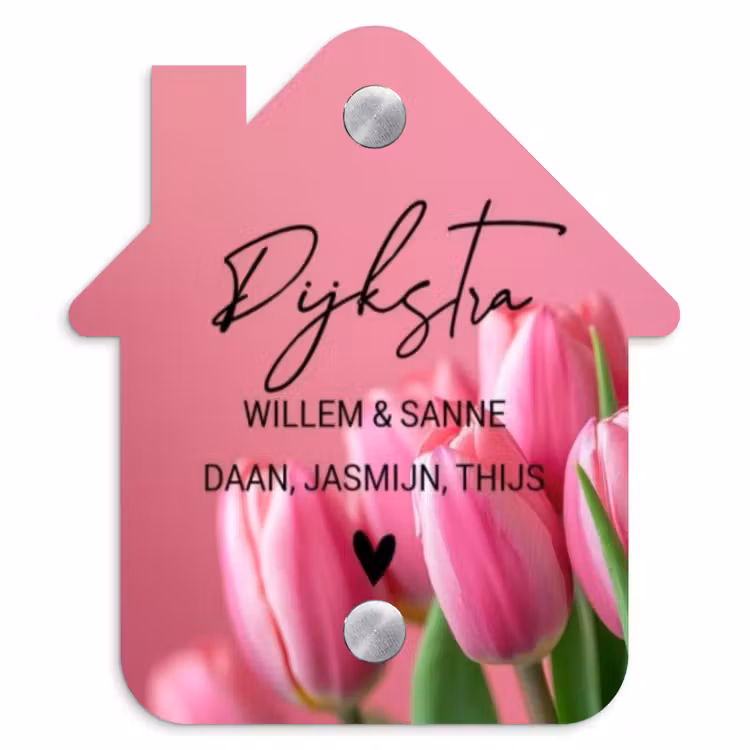 Naambordje voordeur - Huisjesvorm - Roze tulpen - Sierlijk — 1