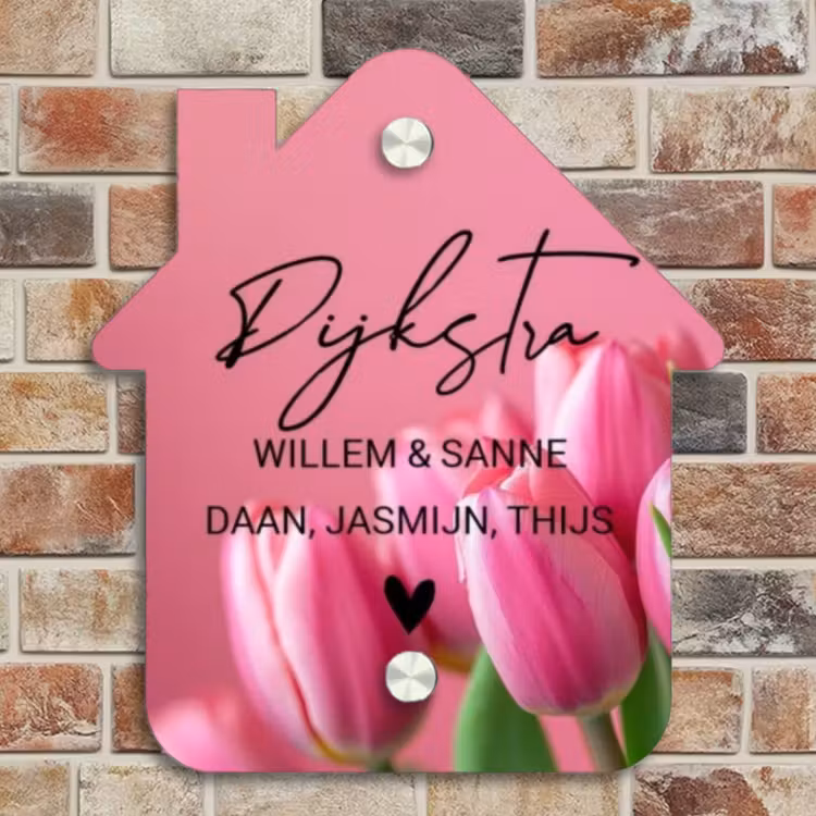 Naambordje voordeur - Huisjesvorm - Roze tulpen - Sierlijk — 4