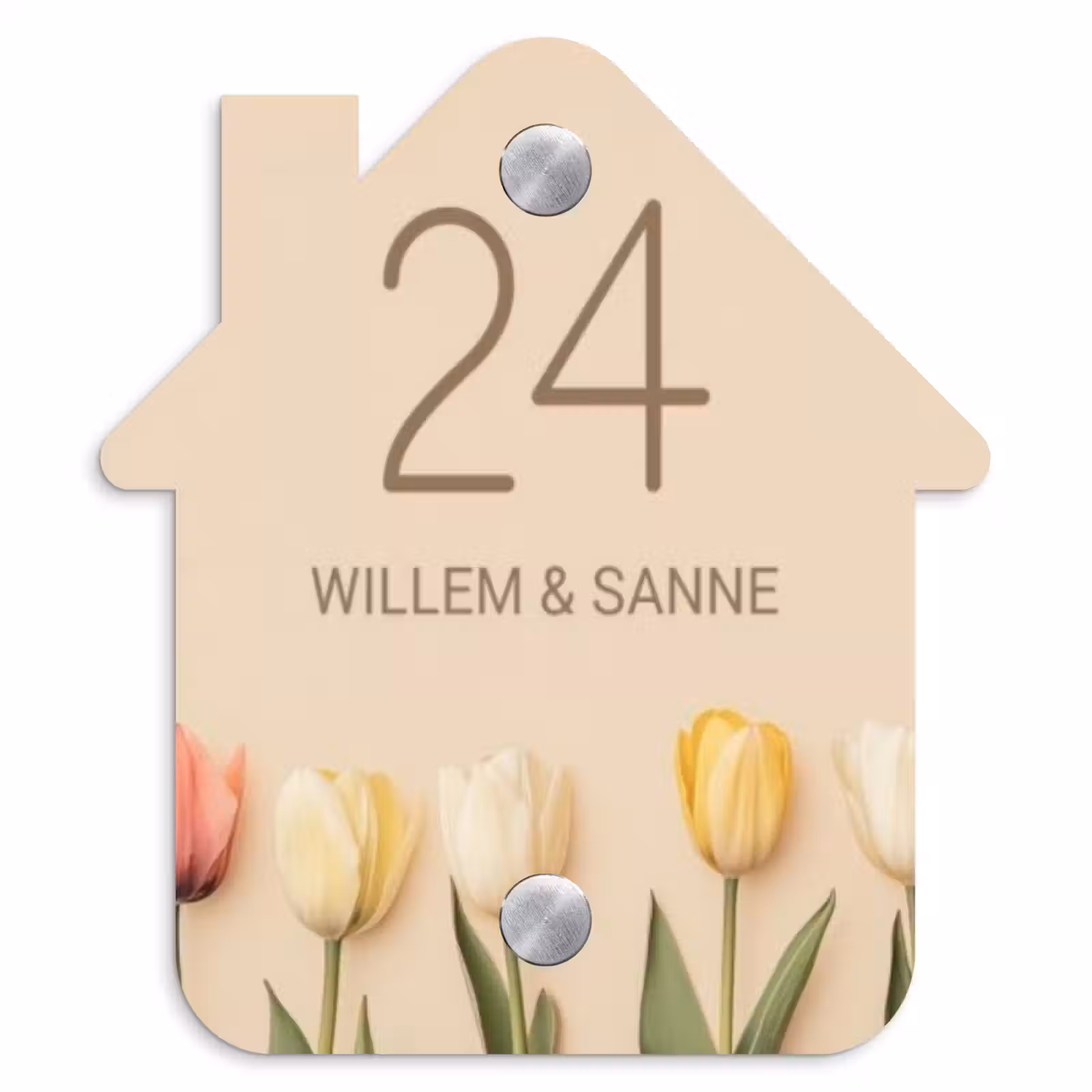 Naambordje voordeur - Huisjesvorm - Gekleurde tulpen beige achtergrond - Klassiek — 1