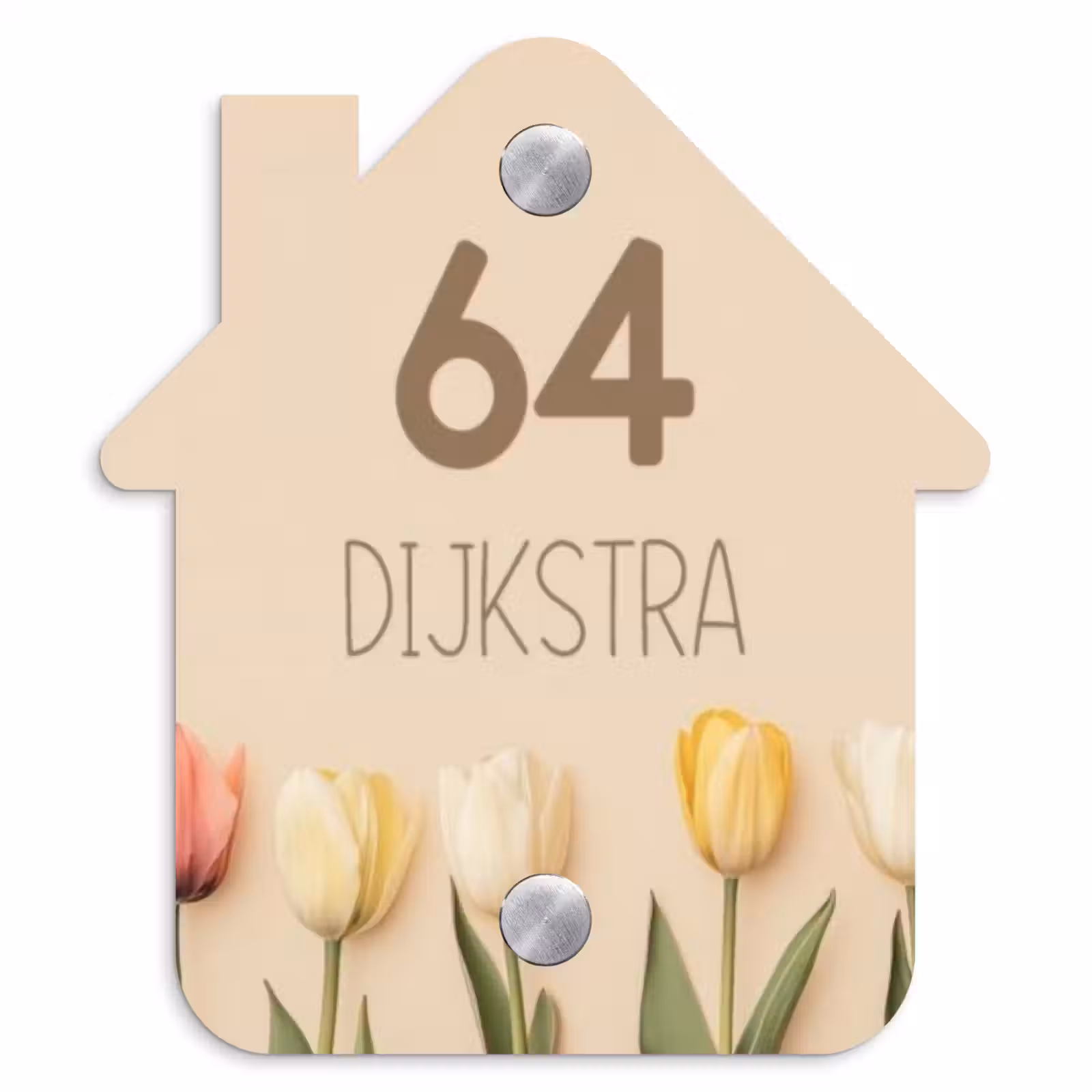 Naambordje voordeur - Huisjesvorm - Gekleurde tulpen beige achtergrond - Modern — 1
