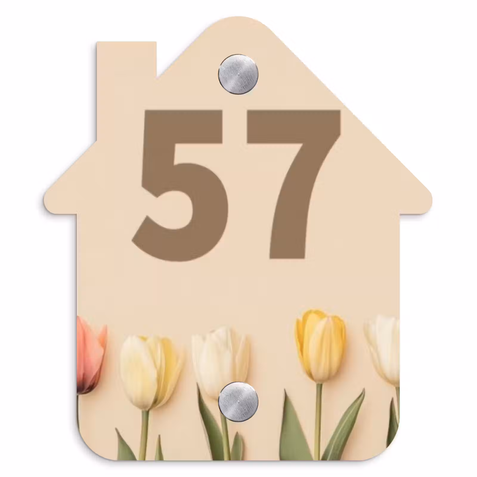 Naambordje voordeur - Huisjesvorm - Gekleurde tulpen beige achtergrond - Traditioneel — 1