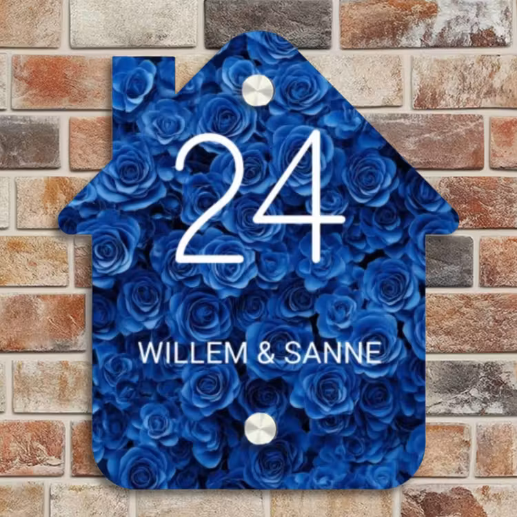 Naambordje voordeur - Huisjesvorm - Blauwe rozen - Klassiek — 4