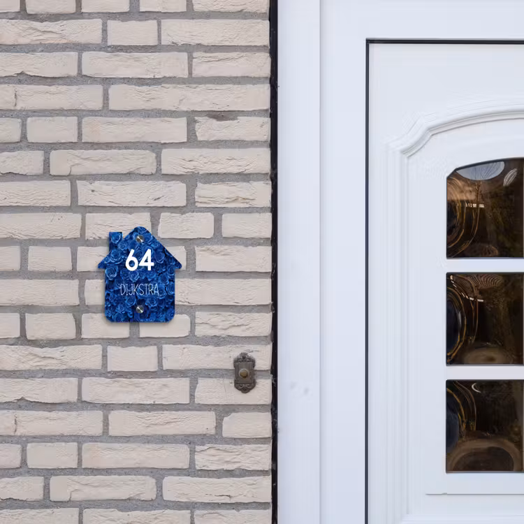 Naambordje voordeur - Huisjesvorm - Blauwe rozen - Modern — 2