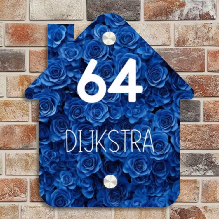 Naambordje voordeur - Huisjesvorm - Blauwe rozen - Modern — 4