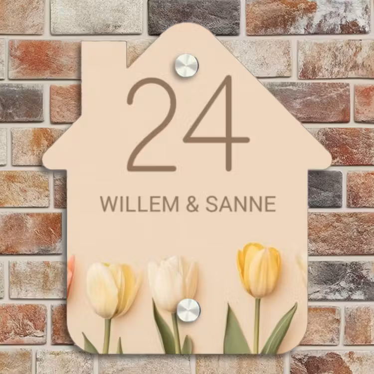 Naambordje voordeur - Huisjesvorm - Gekleurde tulpen beige achtergrond - Klassiek — 4