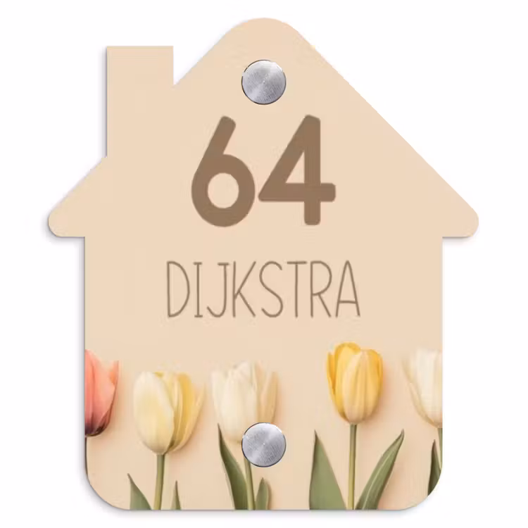 Naambordje voordeur - Huisjesvorm - Gekleurde tulpen beige achtergrond - Modern — 1